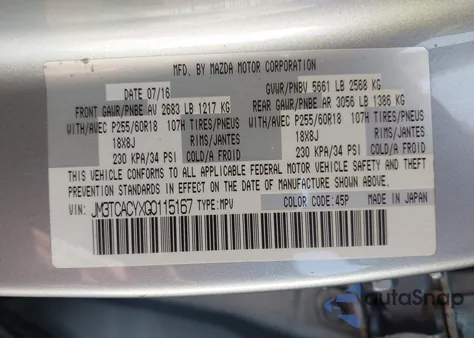 2016 Mazda Cx-9 Touring z USA, uszkodzony, nr VIN JM3TCACYXG0115167